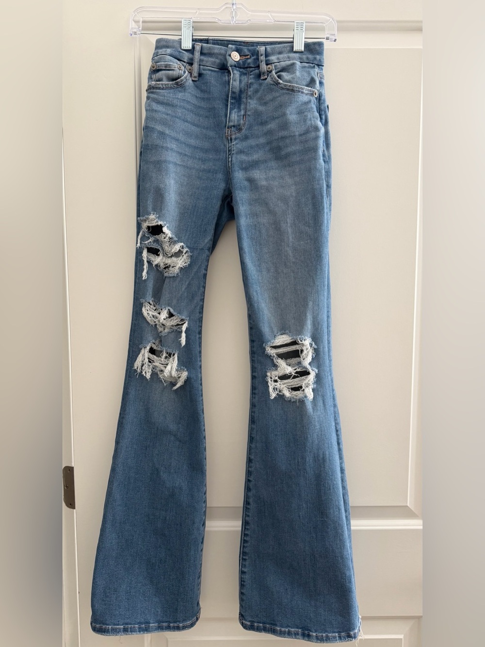 American Eagle Super High Rise Flare Ripped Jeans 000 Next Level Stretch